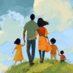 Familia feliz subiendo una colina